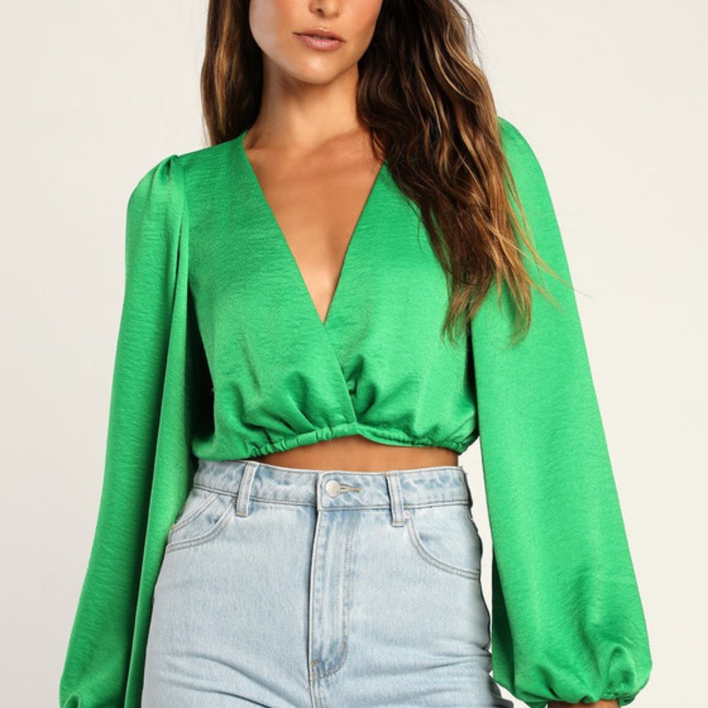 Lulus Chic Confessions Green Satin Long Sleeve Wrap Crop Top - Size S